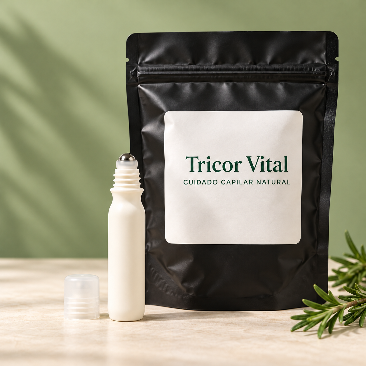 Composição ilustrativa do kit: saquinho preto com rótulo Tricor Vital e 1 frasco branco sem marca de 15 ml