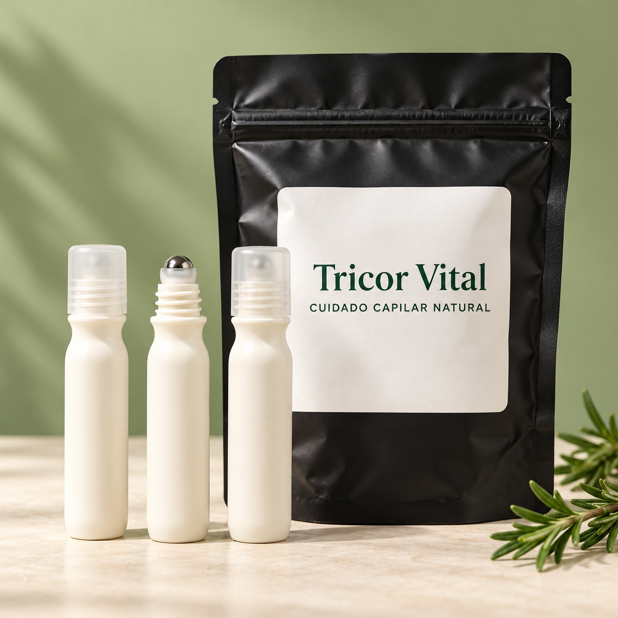 Composição ilustrativa do kit: saquinho preto com rótulo Tricor Vital e 3 frascos brancos sem marca de 15 ml