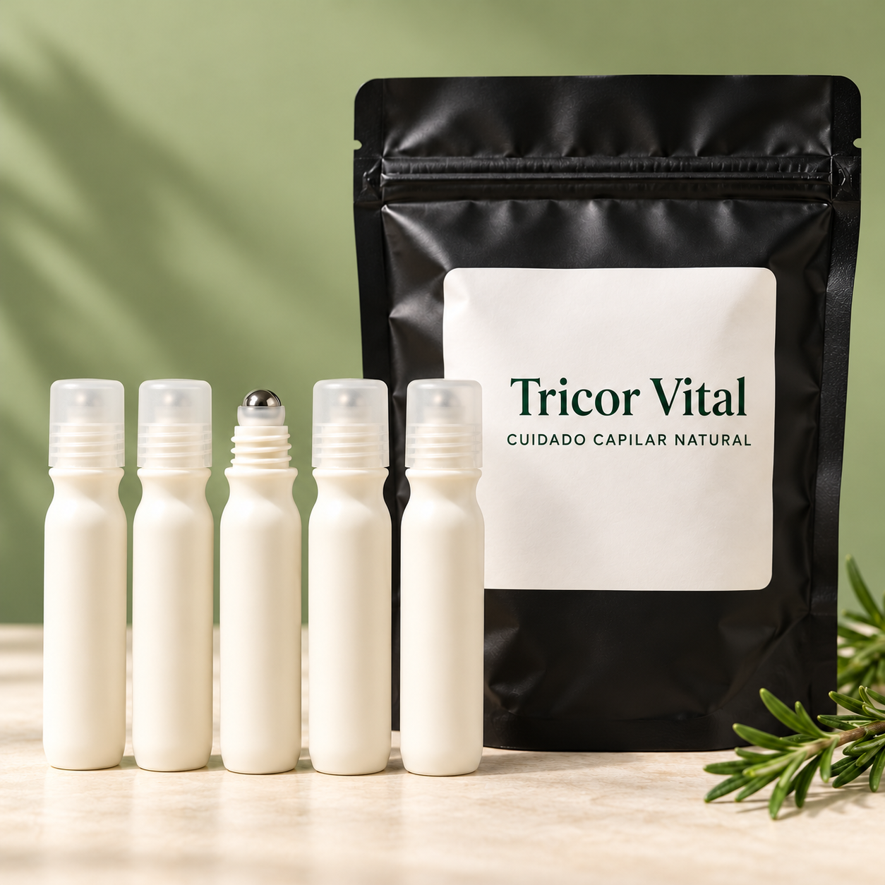 Composição ilustrativa do kit: saquinho preto com rótulo Tricor Vital e 5 frascos brancos sem marca de 15 ml