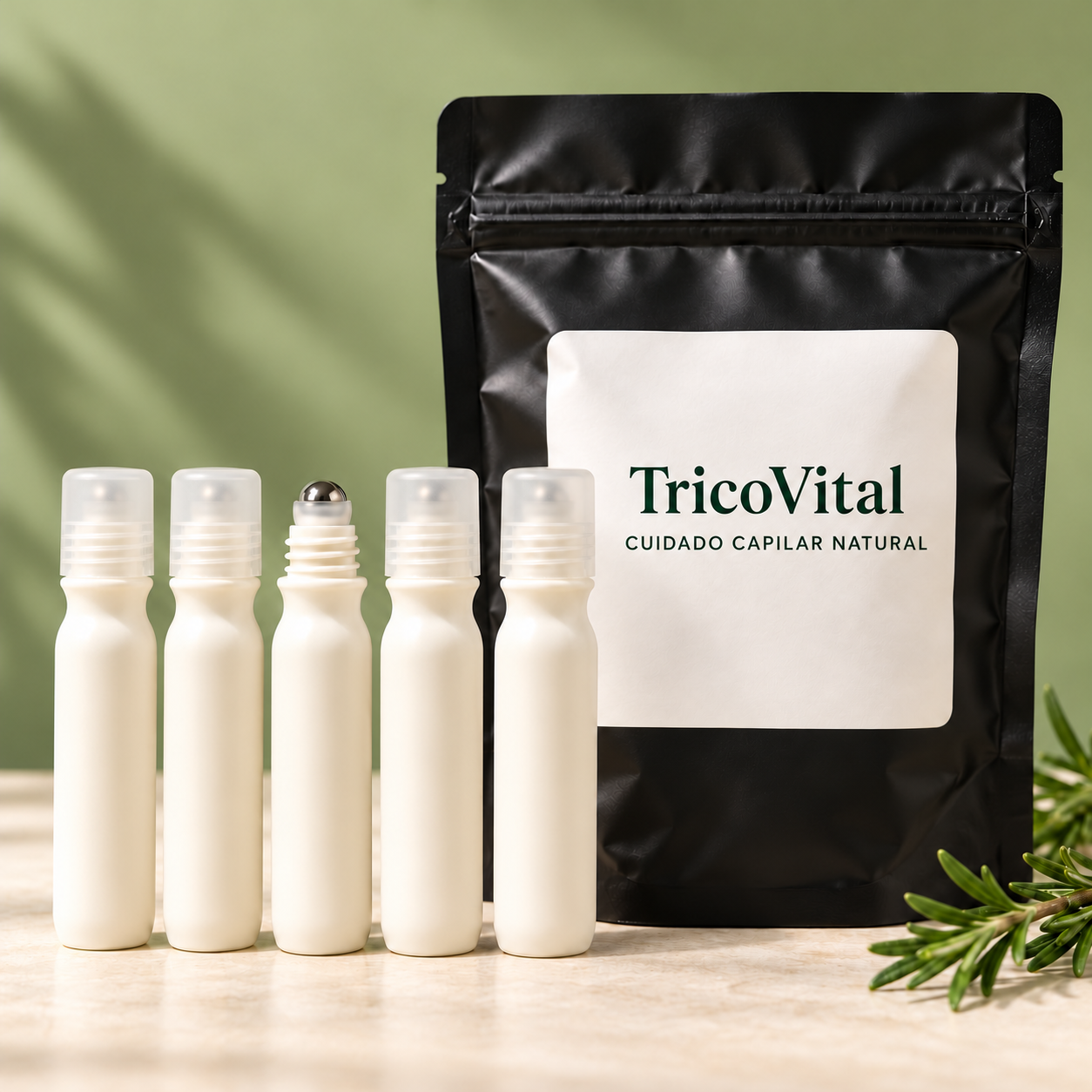 Composição ilustrativa do kit: saquinho preto com rótulo Tricor Vital e 5 frascos brancos sem marca de 15 ml